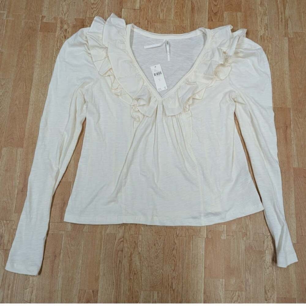 NEW Anthropologie Ruffle Peasant Blouse Womens long sleeve cream white top Sz S